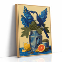 Toucan and Blue Delphiniums