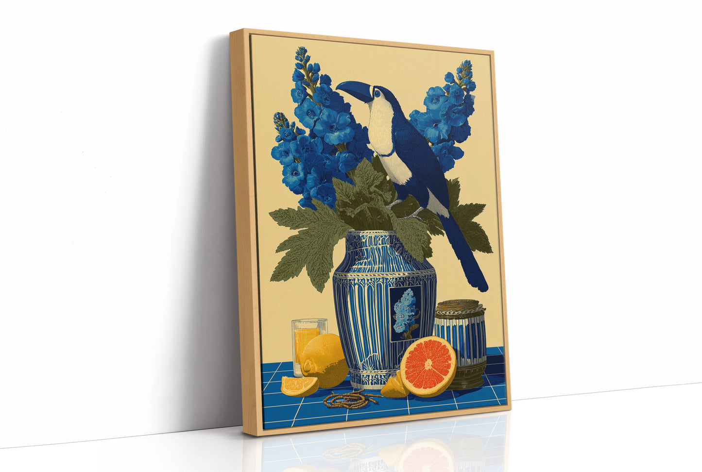 Toucan and Blue Delphiniums
