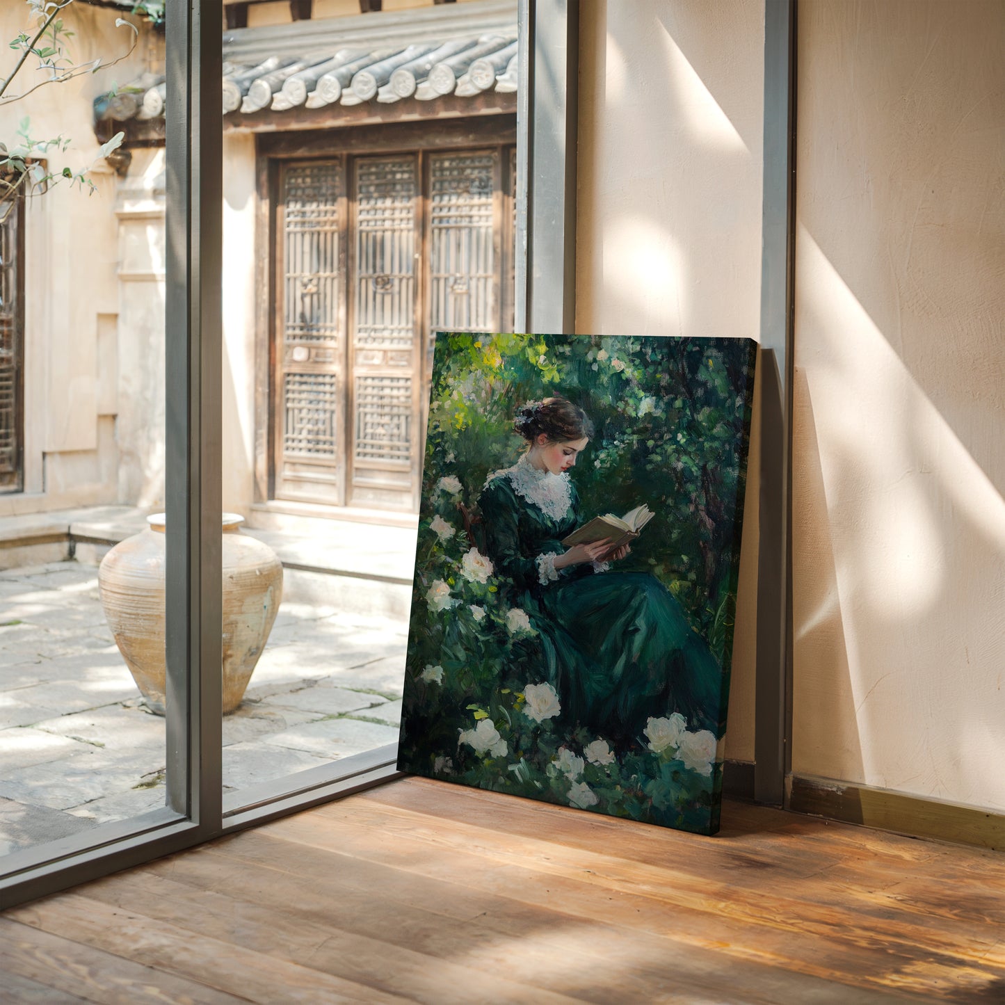 Victorian Lady Reading Portrait - Romantic Garden Art - Gallery Canvas image 2