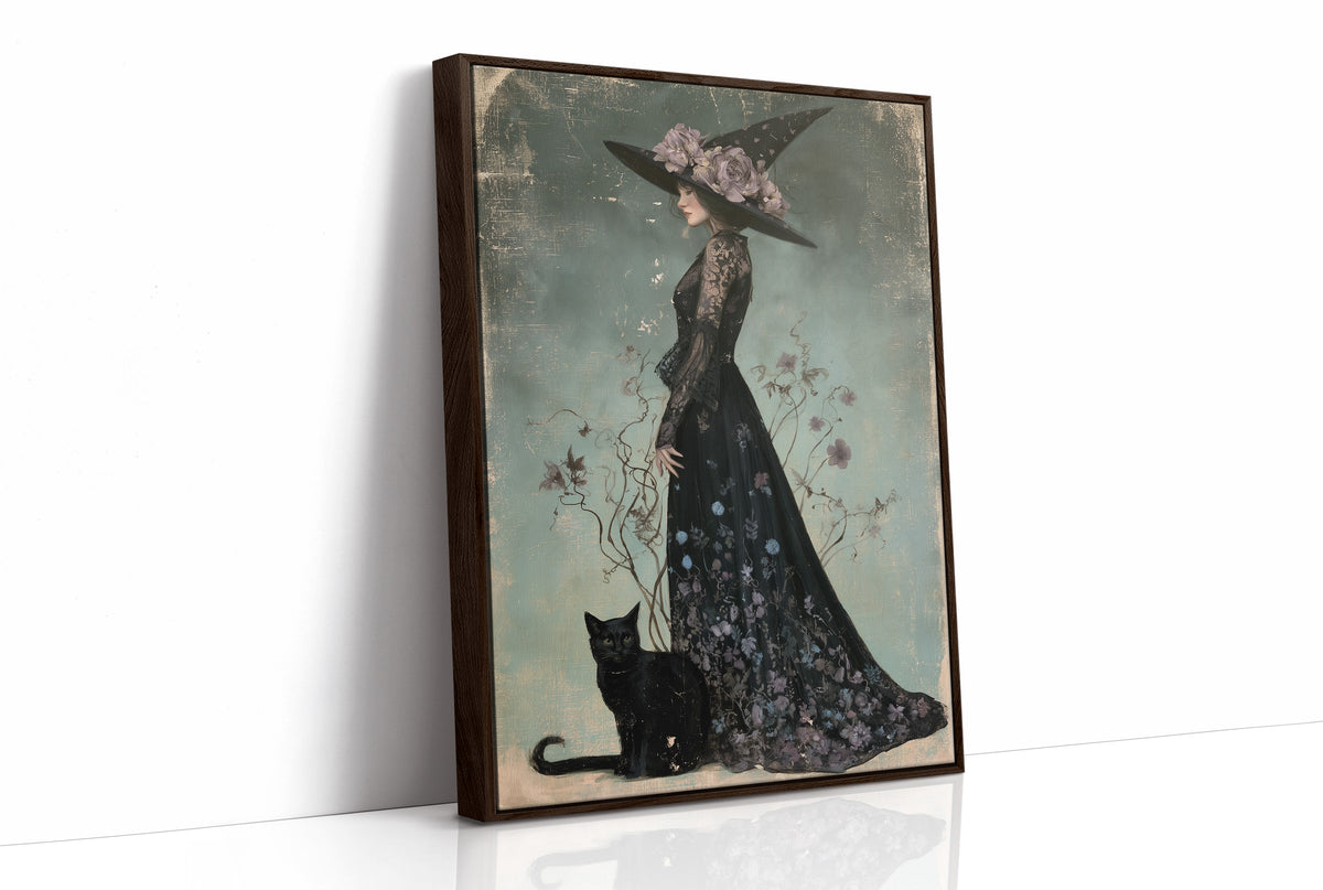 Bloom, Broom, And Feline Backup, print in a brown wood frame