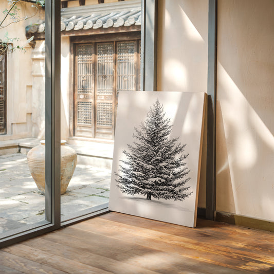 Snow-Covered Pine Tree Drawing - Winter Botanical Art - Gallery Canvas image 9