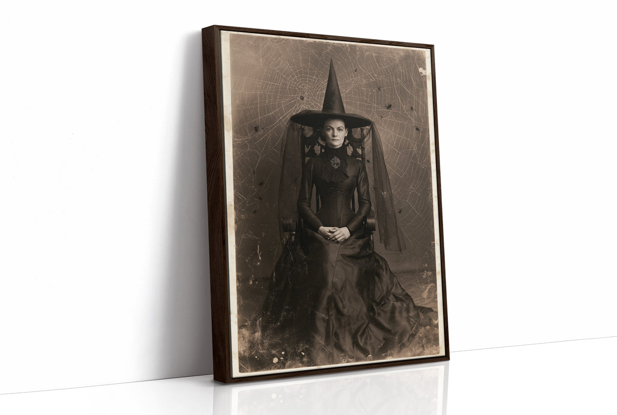 Formal Portrait, Informal Spiders, print in a brown wood frame