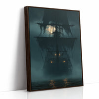 Ghost Ship Arriving Fashionably Late, print in a brown wood frame