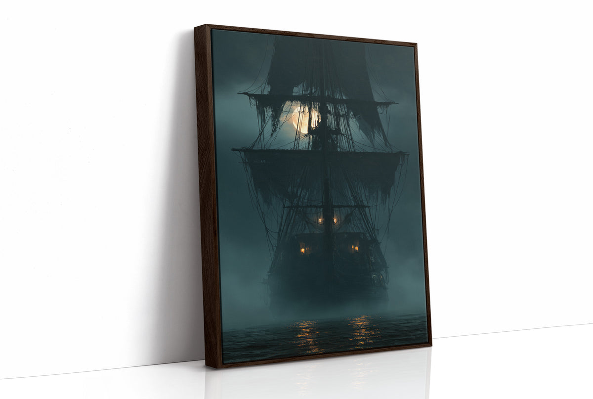 Ghost Ship Arriving Fashionably Late, print in a brown wood frame