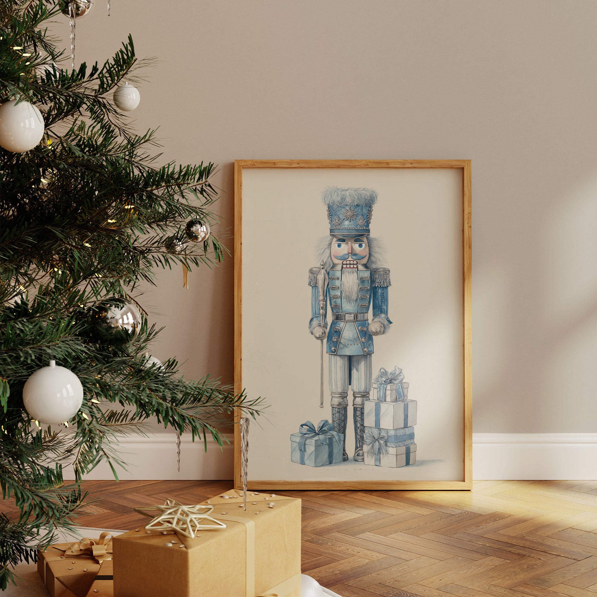 Blue Nutcracker Guards Winter's Treasures