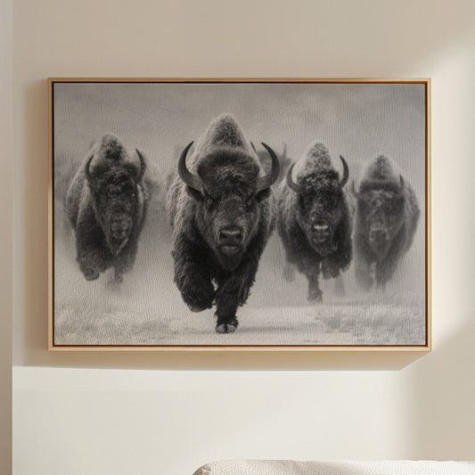 Person in a white robe standing in a modern living room with a framed artwork of four bison on the wall.