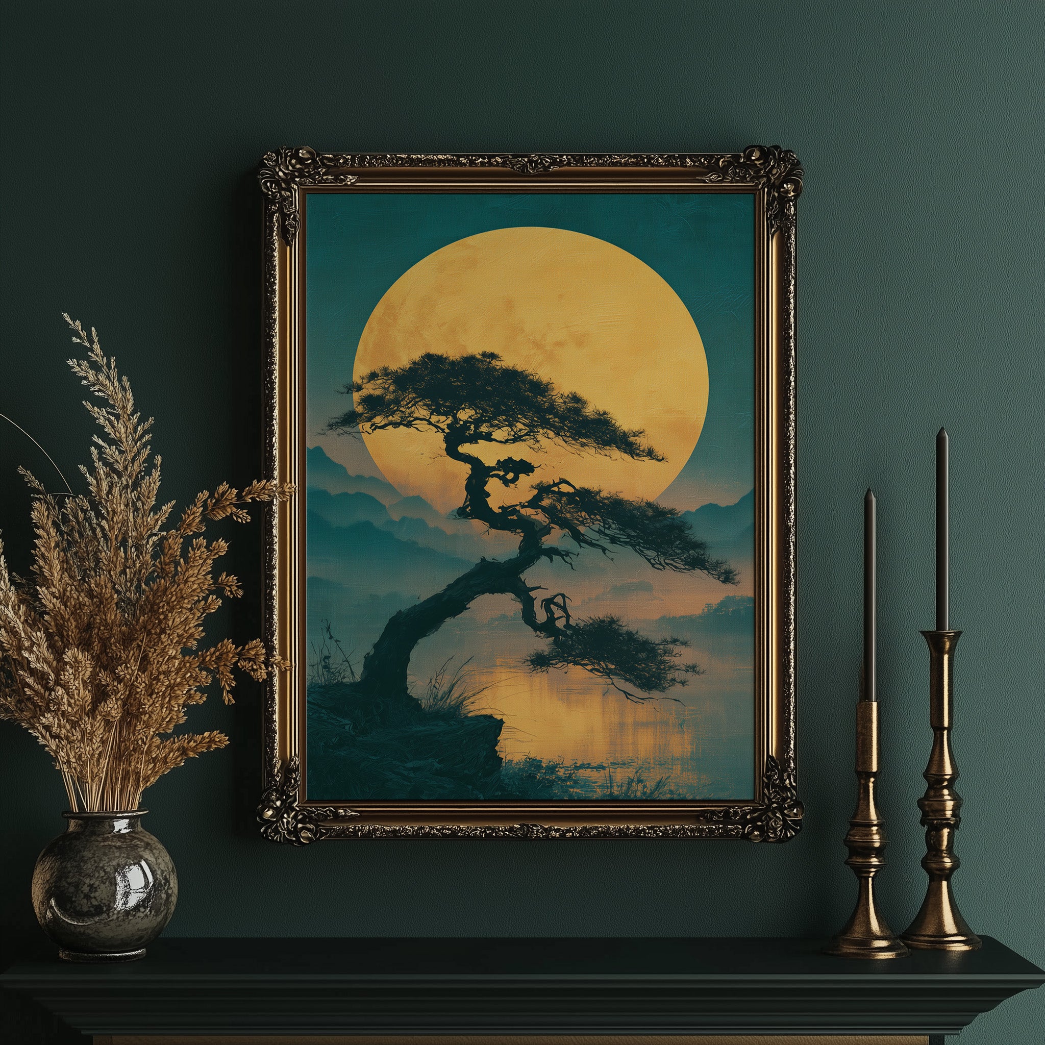 Bonsai Beneath the Golden Moon