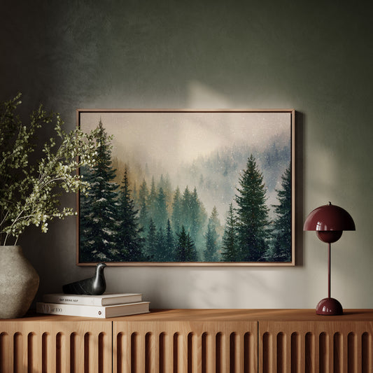 Snow Dances Through Evergreen Light