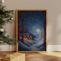 Moonlit Cabins Between Winter Pines