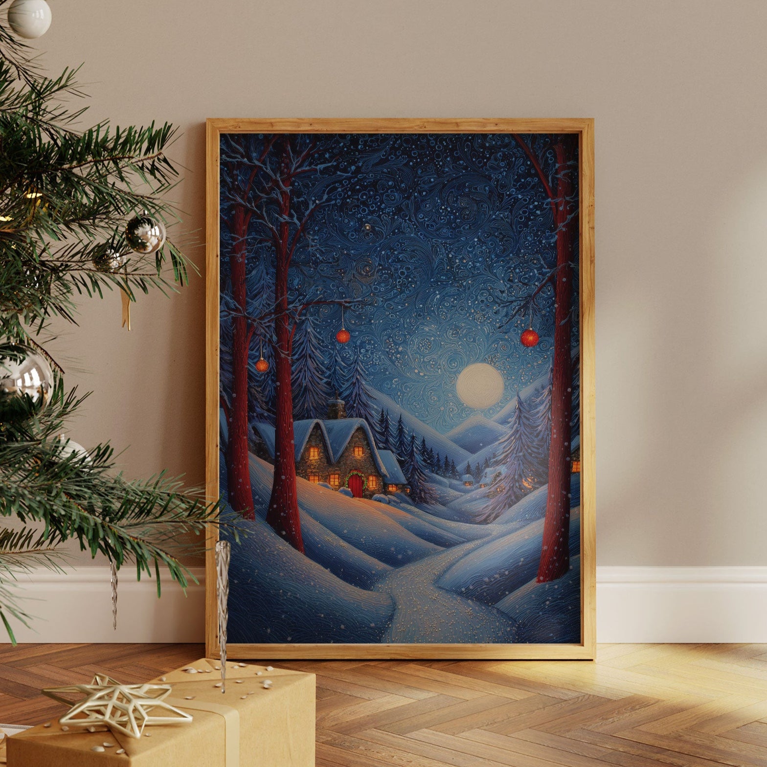 Moonlit Cabins Between Winter Pines