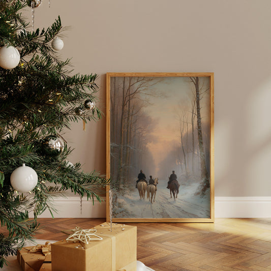 Winter Riders Through Misty Forest