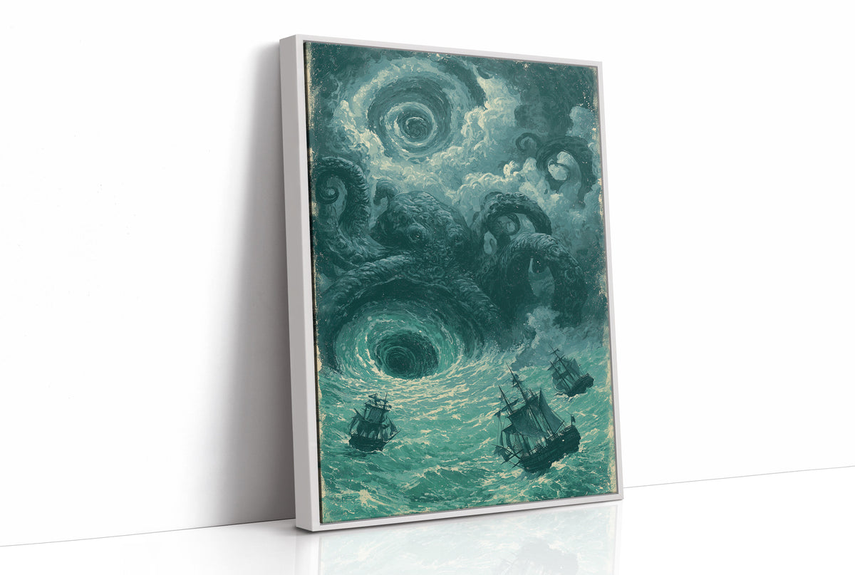 The Kraken and the Maelstrom — Teal Maritime Horror Print