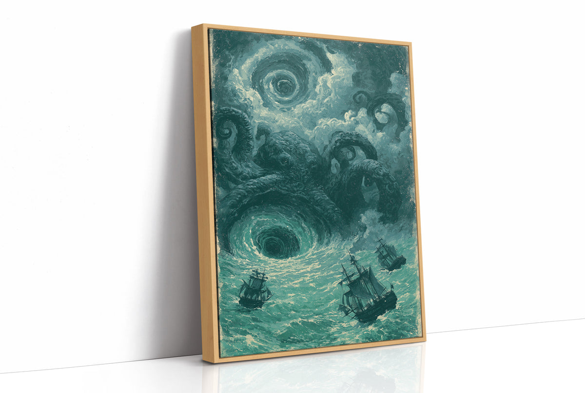 The Kraken and the Maelstrom — Teal Maritime Horror Print