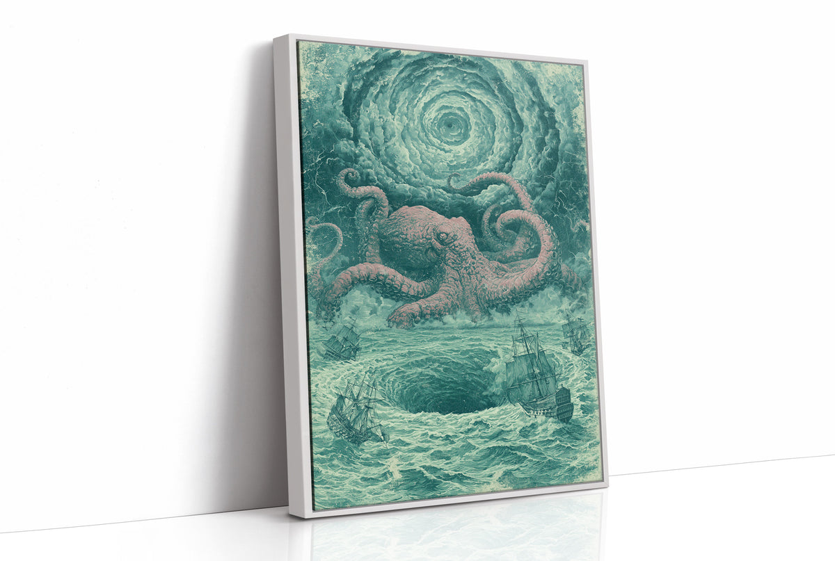 The Kraken and the Fleet — Pink and Teal Maritime Horror Print
