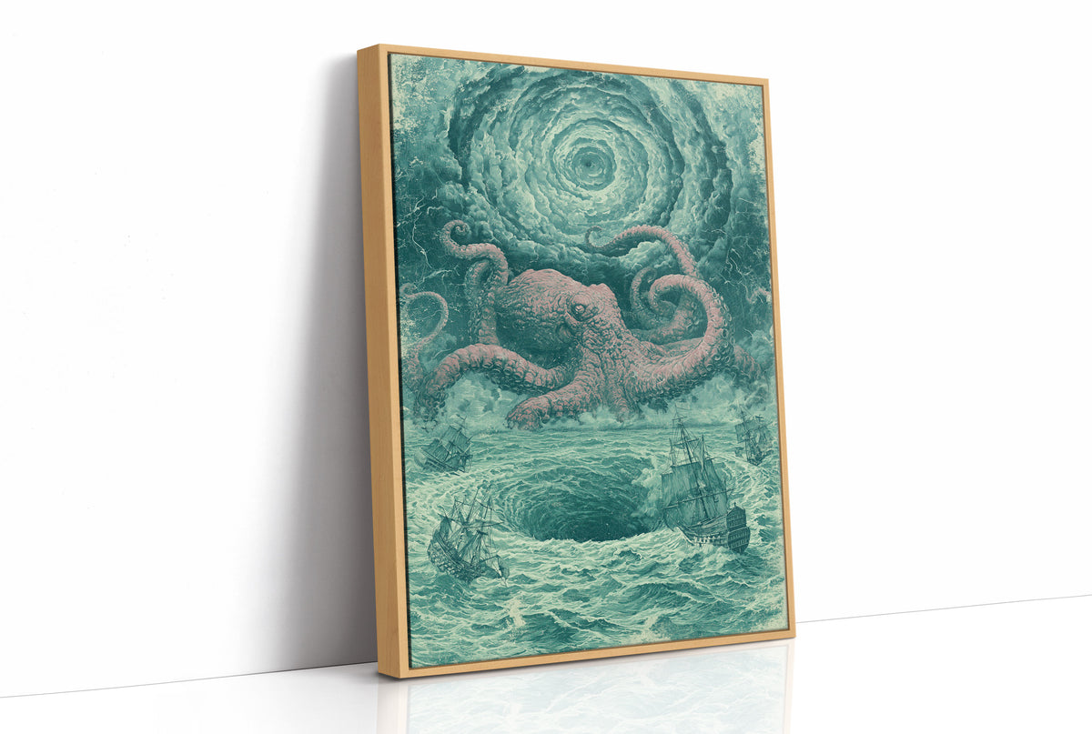 The Kraken and the Fleet — Pink and Teal Maritime Horror Print