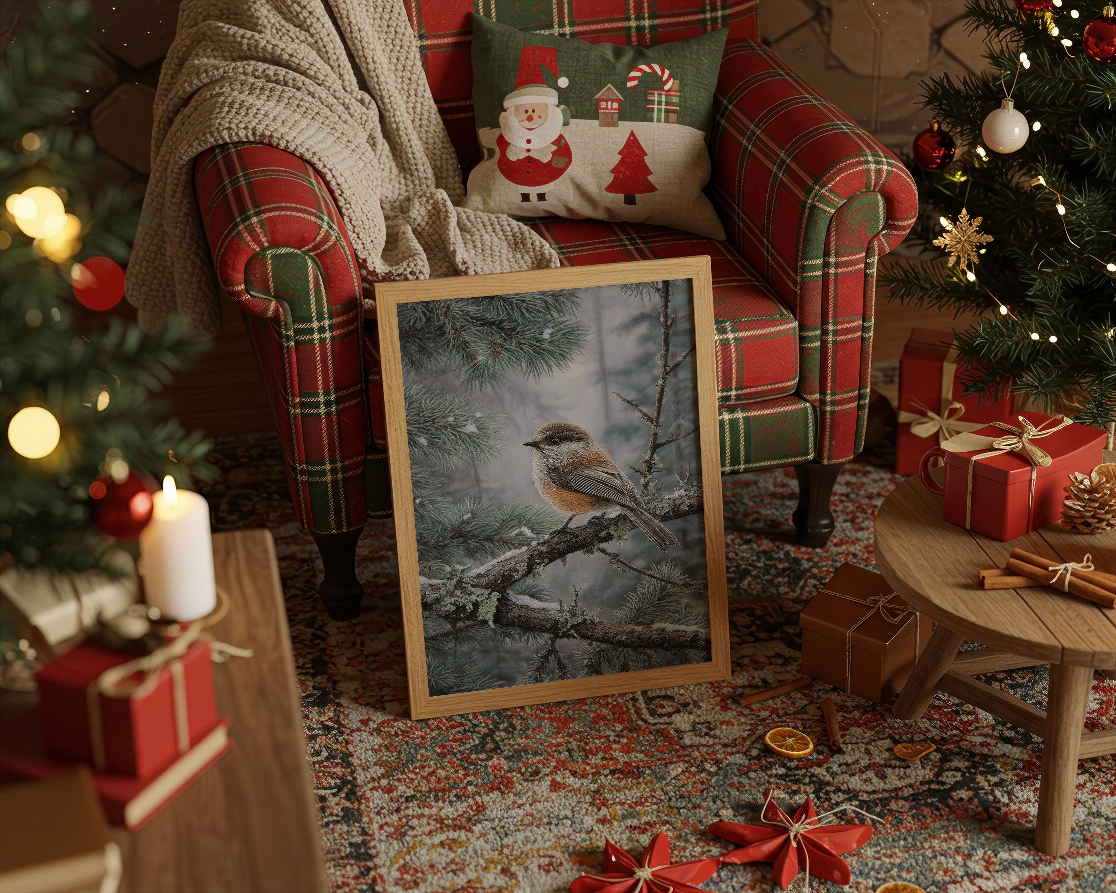 Winter Songbird Perches Among Pines
