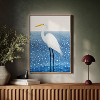 White Egret in Snowfall – Elegant Minimalist Bird Wall Art
