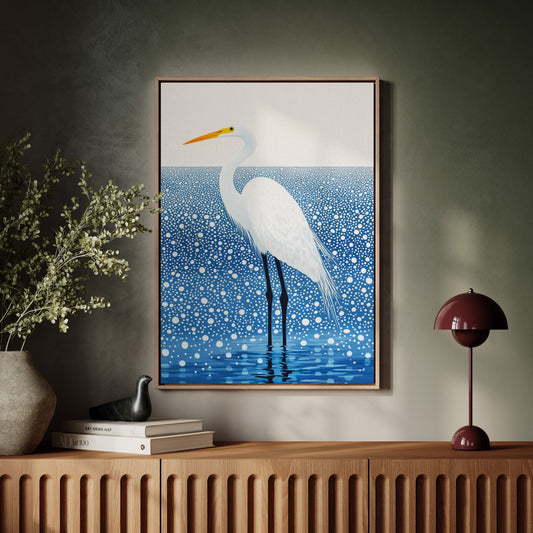 White Egret in Snowfall – Elegant Minimalist Bird Wall Art