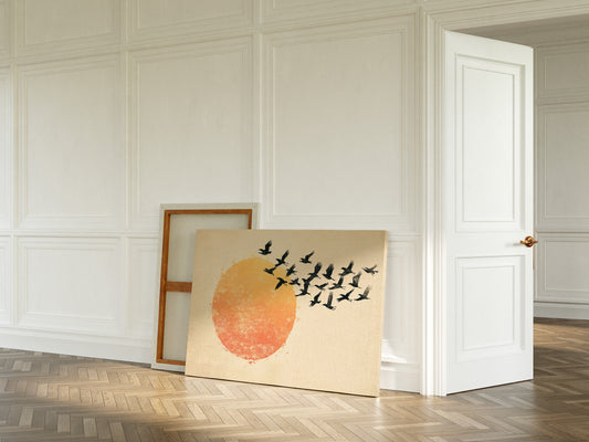 Minimalist Japanese Birds & Sun Print – Vintage Ink Illustration