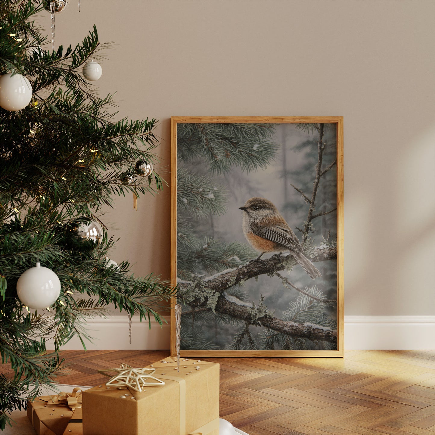 Winter Songbird Perches Among Pines