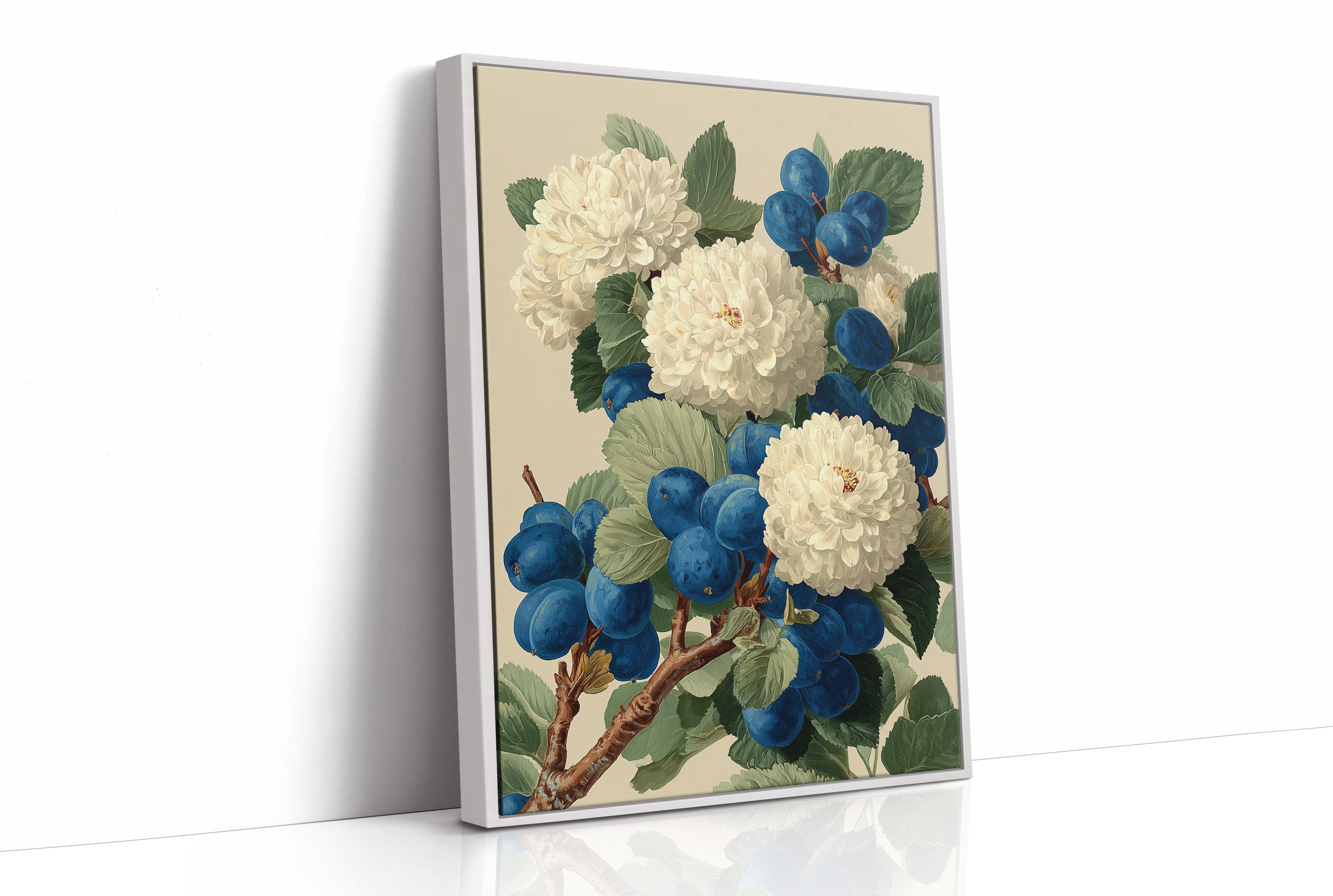 Cream Blossoms Among the Blue Plums