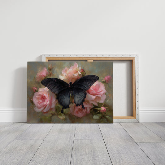Dark Wings Among Blush Roses