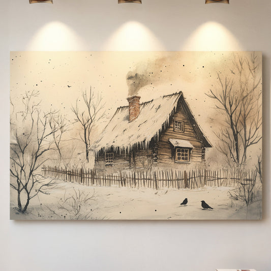 Winter Ravens Guard Frosted Cabin