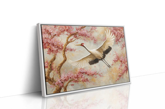 Cherry Blossoms Dance With Crane's Grace