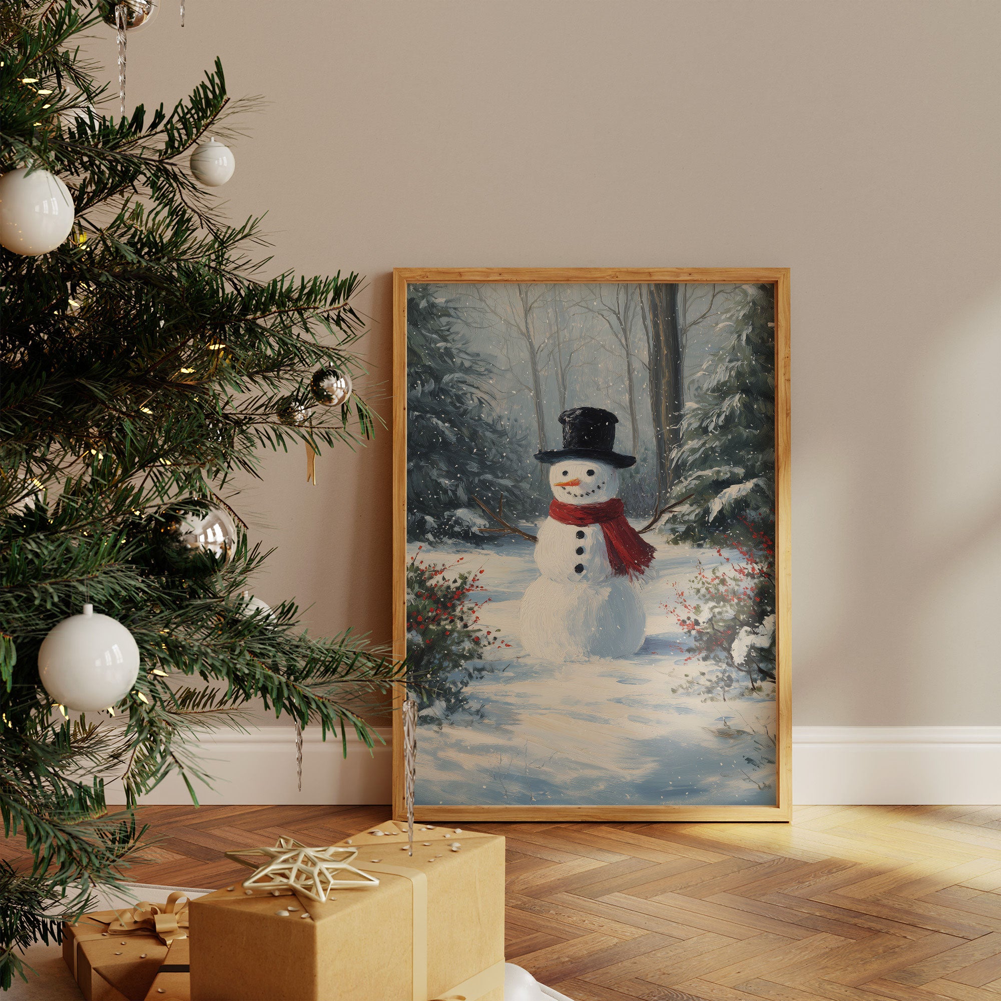 Classic Snowman in Winter Woods