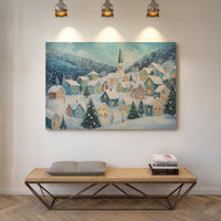 Snow Falls On Candlelit Village Windows