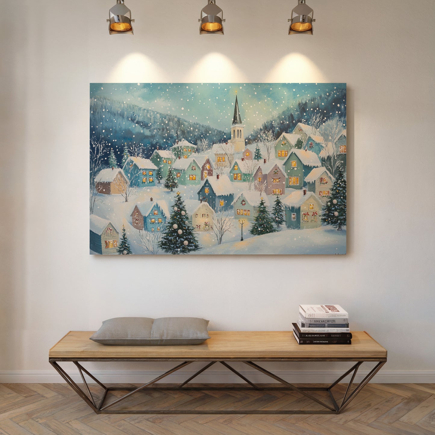 Snow Falls On Candlelit Village Windows