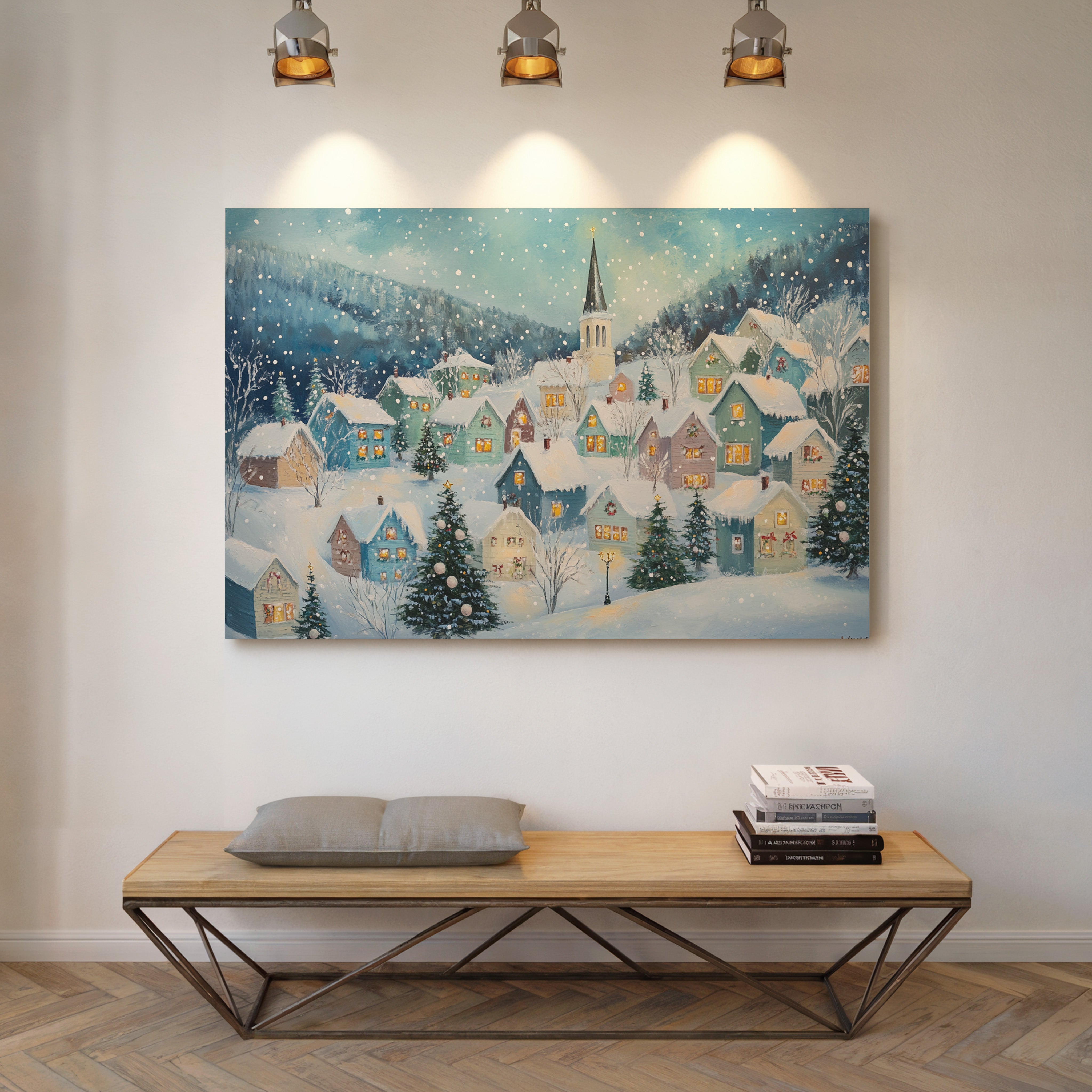 Snow Falls On Candlelit Village Windows