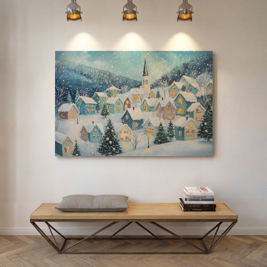Snow Falls On Candlelit Village Windows