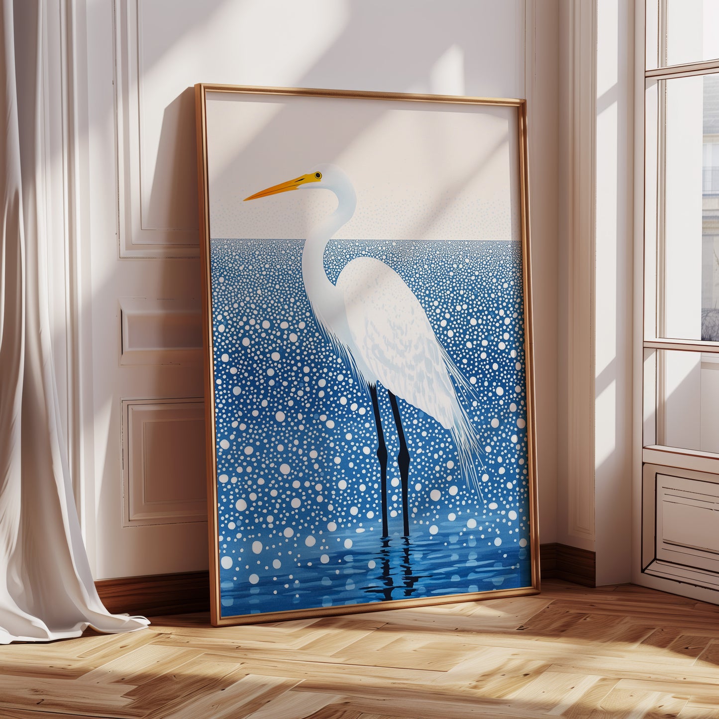 White Egret in Snowfall – Elegant Minimalist Bird Wall Art