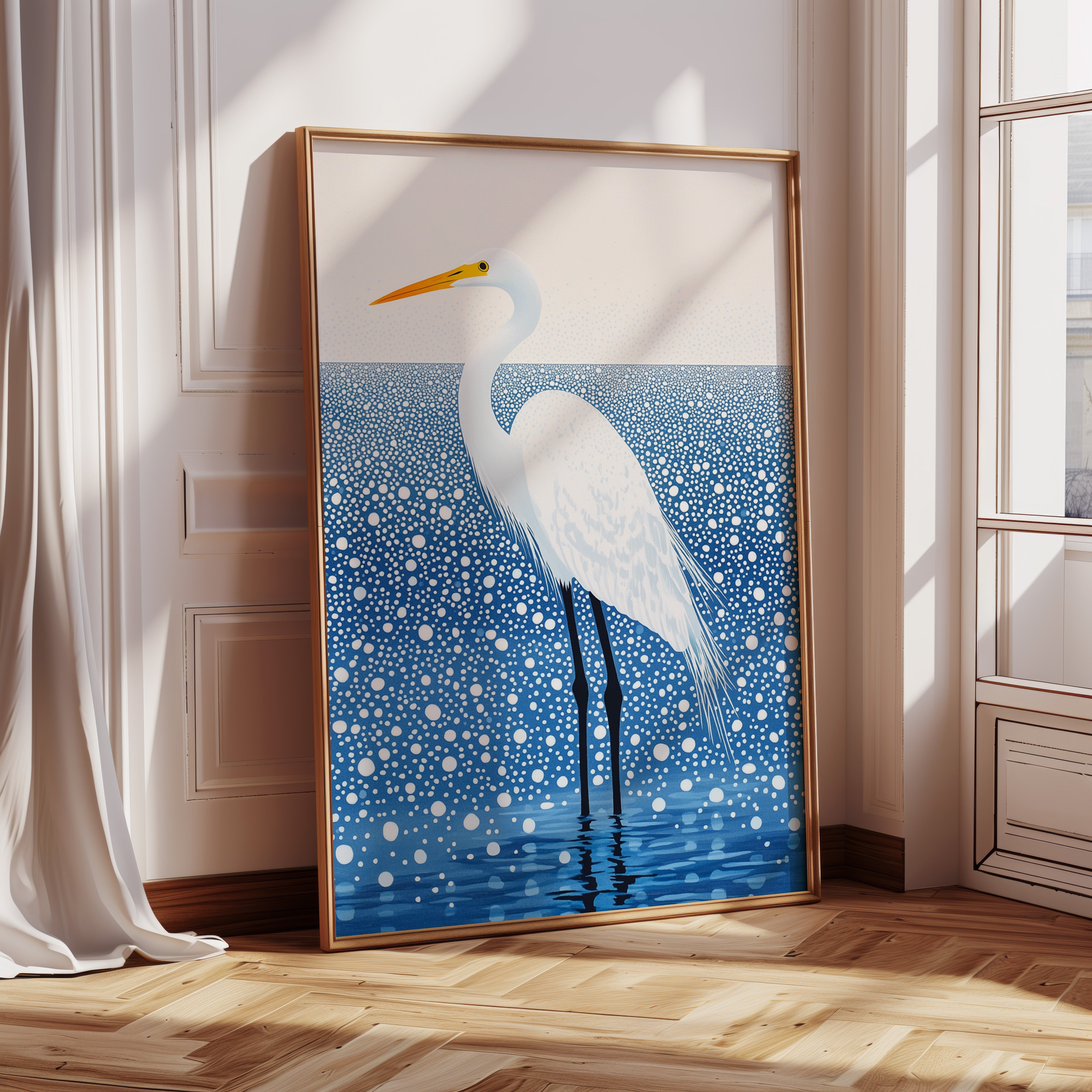 White Egret in Snowfall – Elegant Minimalist Bird Wall Art
