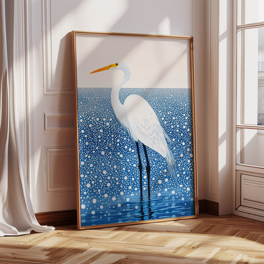White Egret in Snowfall – Elegant Minimalist Bird Wall Art