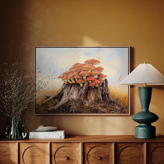 Red Mushrooms Crown Ancient Stump