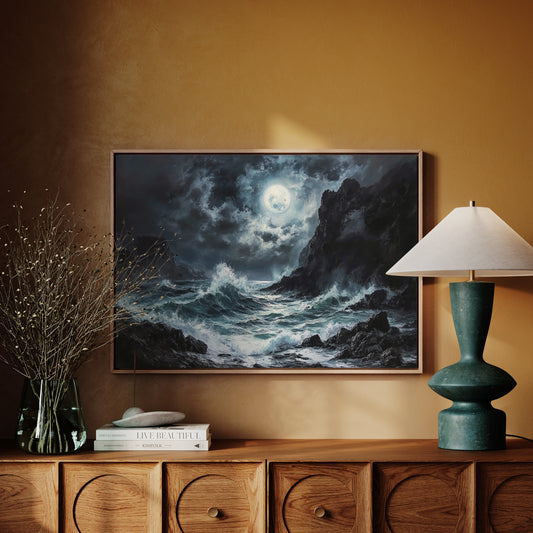 Moonlit Waves Break Against Cliffs