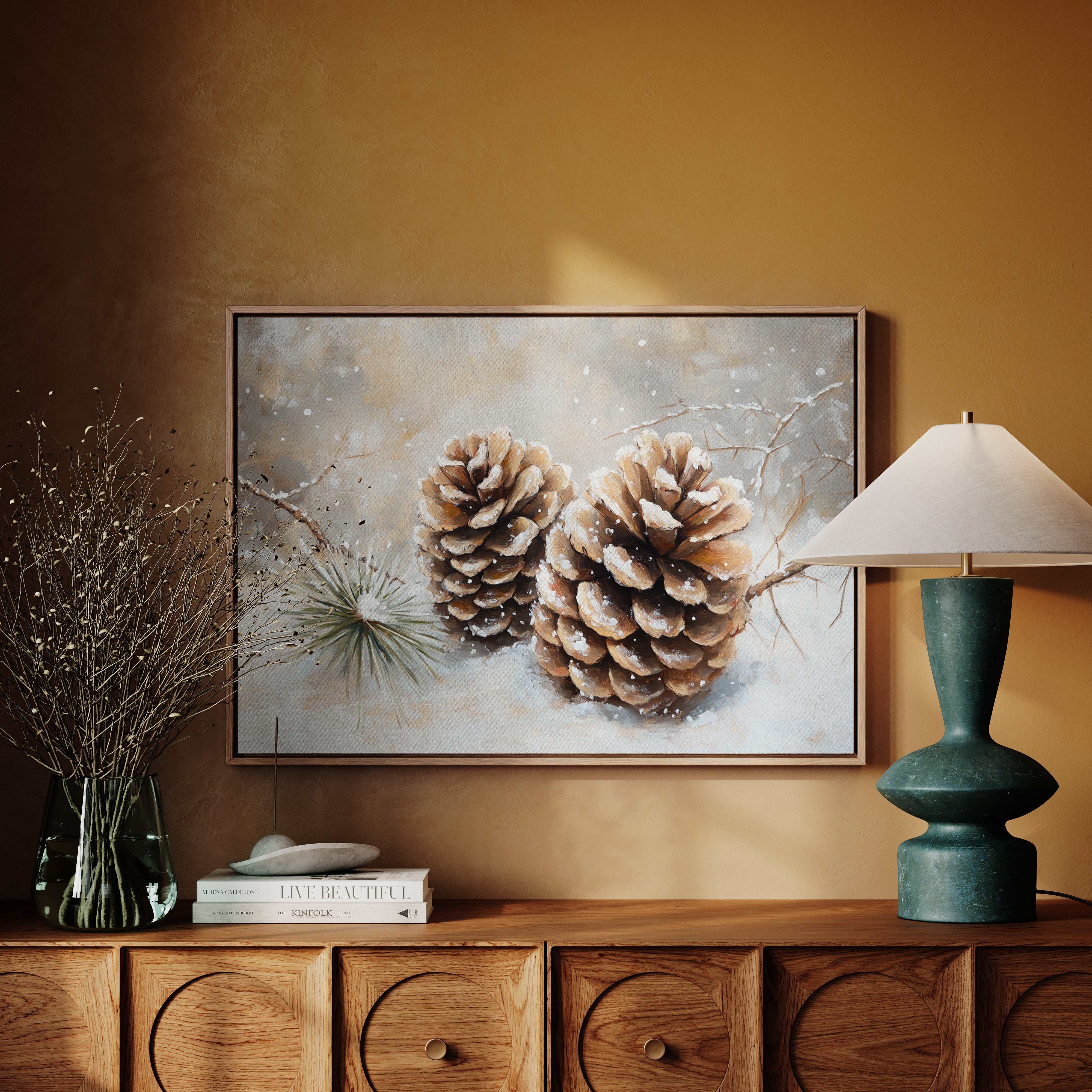 Pine Cones Catch December's First Snow