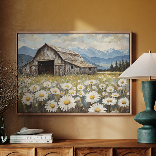 Rustic Barn Wall Art – Wildflower Meadow Print, Country Farmhouse Decor, Vintage Landscape Painting