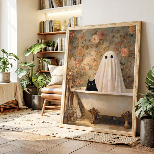 Ghostly Cat In Bathtub Canvas - Whimsical Vintage Art - Gallery Canvas image 5