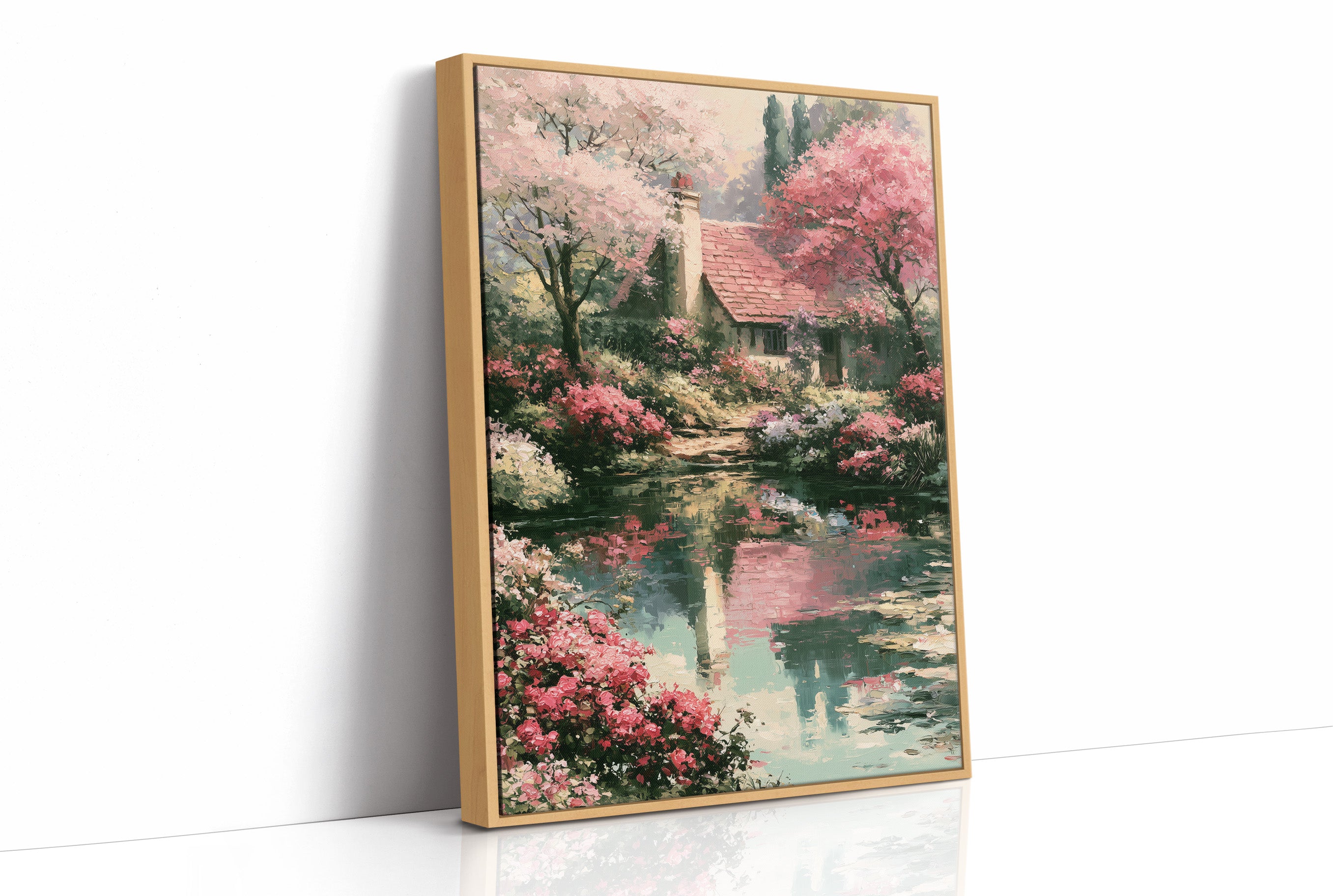 Blossoms and Reflections by the Cottage Pond