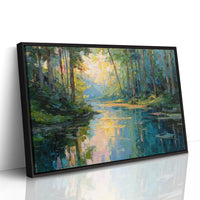Sunlit Waters Between Tall Pines