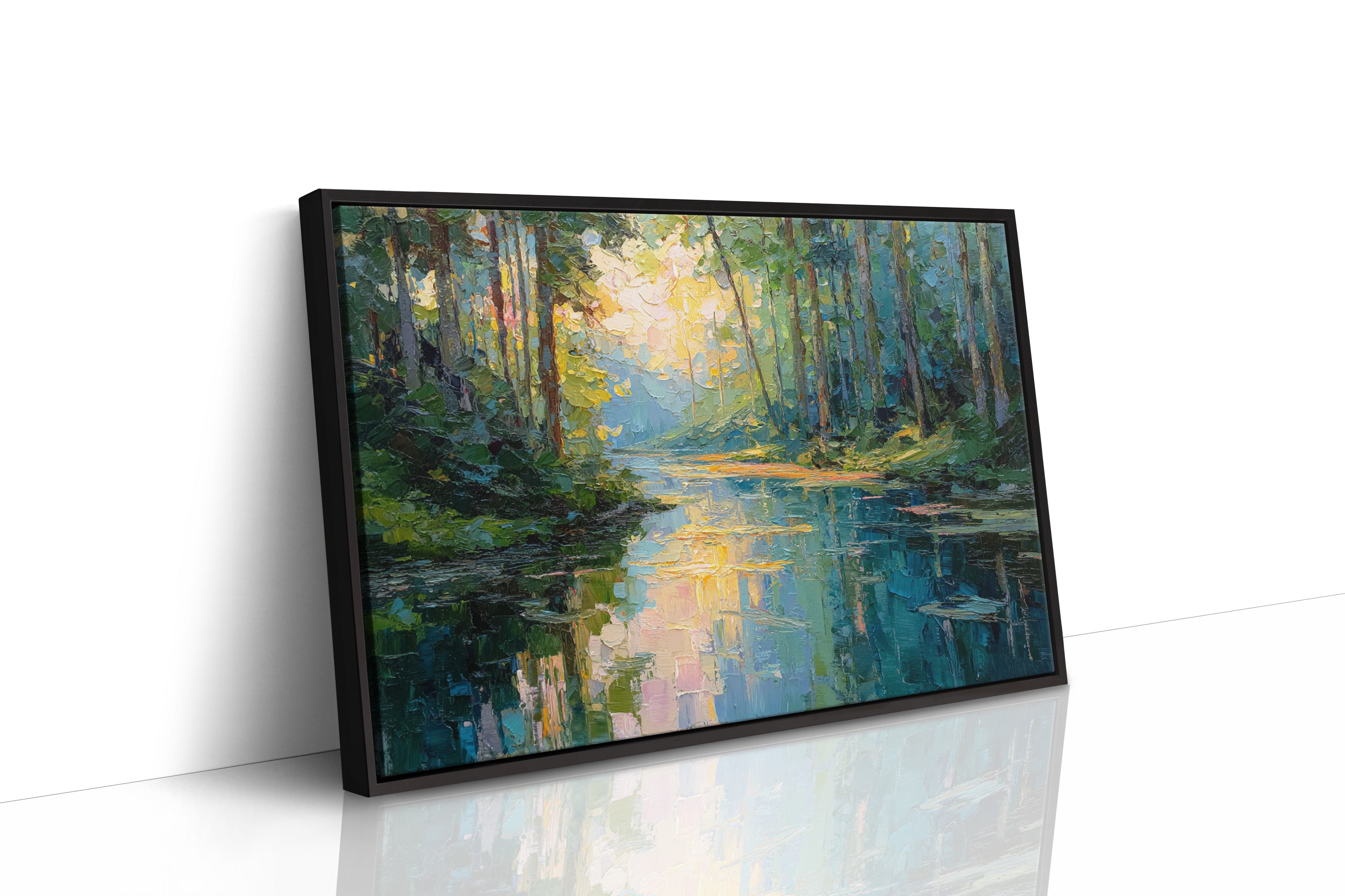 Sunlit Waters Between Tall Pines