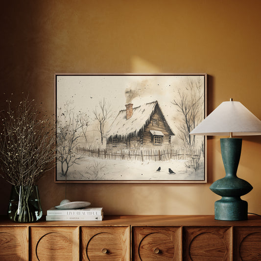 Winter Ravens Guard Frosted Cabin