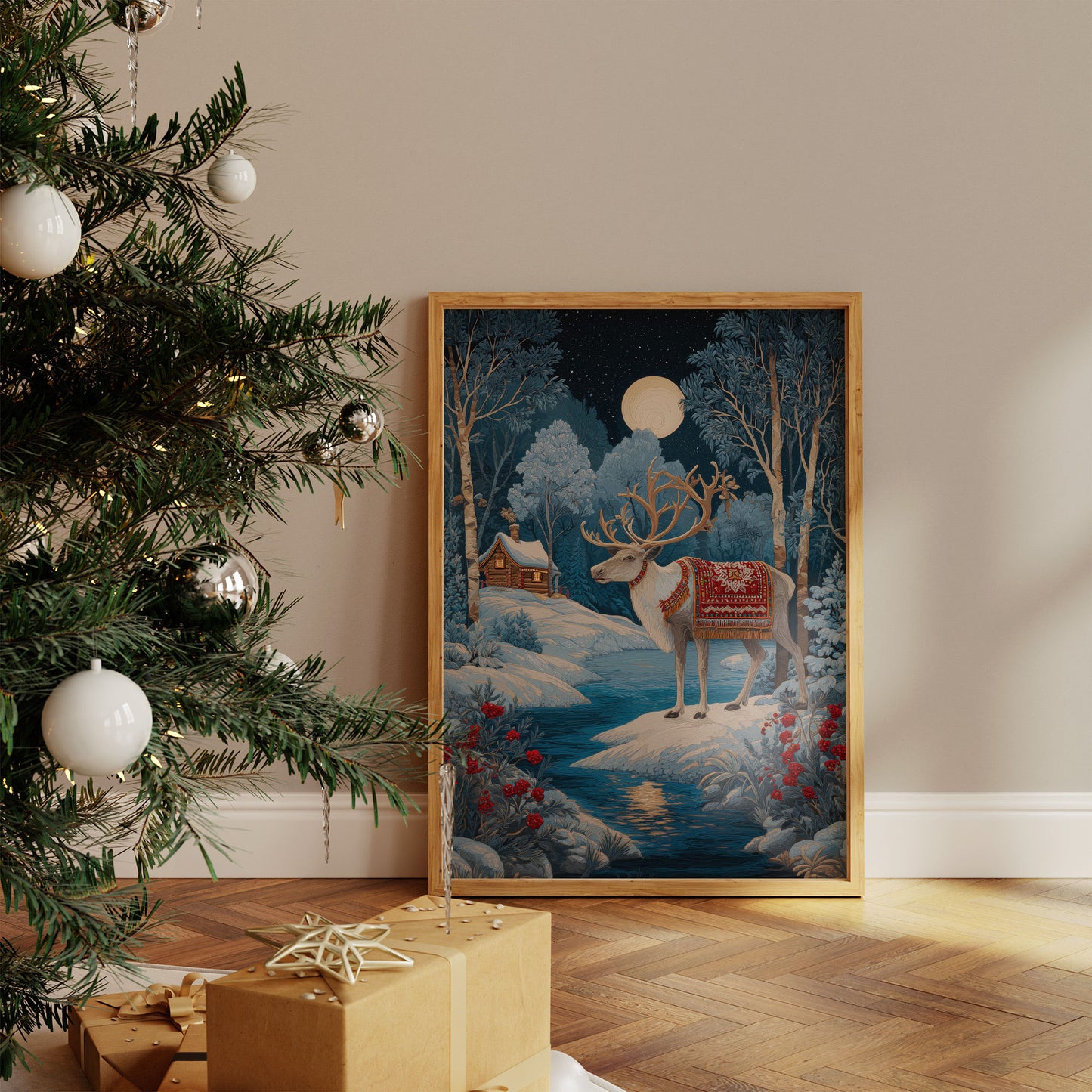 Moonlit Reindeer's Winter Tale Unfolds