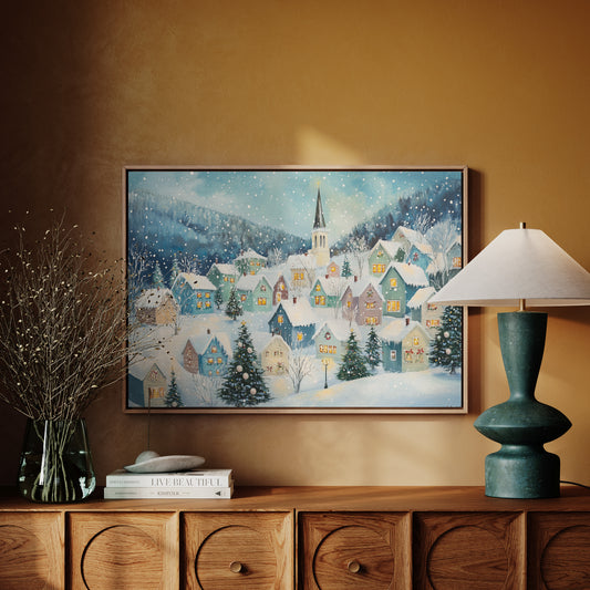 Snow Falls On Candlelit Village Windows