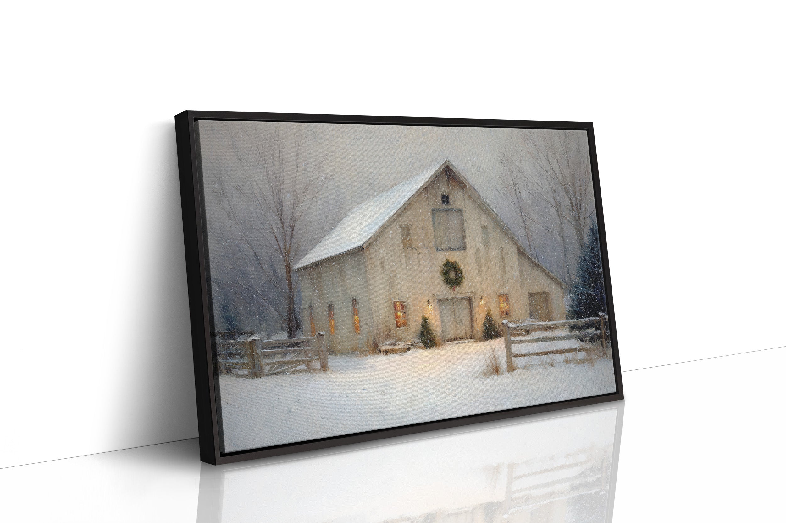 Snowfall Dreams Against Rustic Warmth