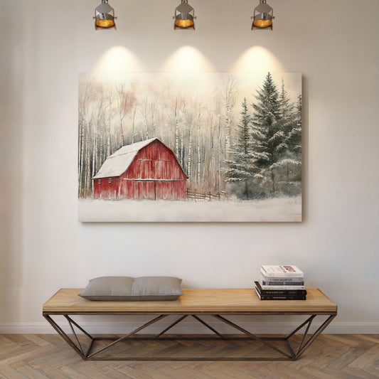 Red Barn Sleeps Among Winter Birch