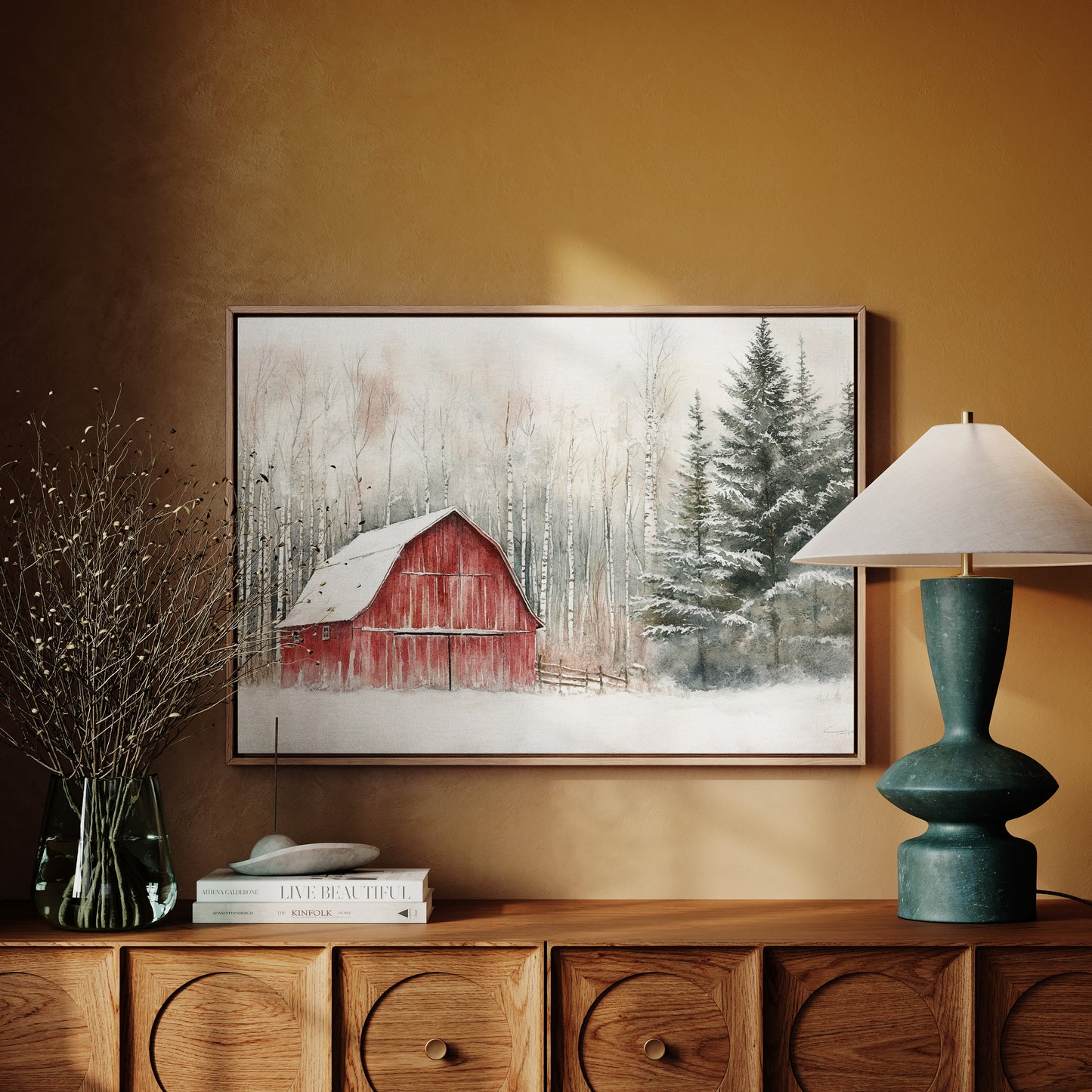 Red Barn Sleeps Among Winter Birch